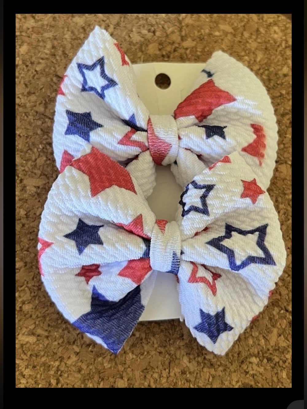 Handmade Fabric Hair Bow Red White Blue Stars 4th July Girls 3”x2.5” Clip 2pcs